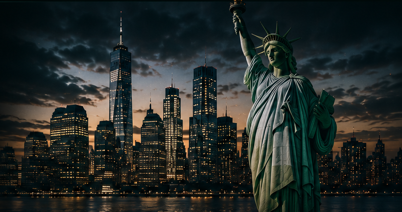 Estátua da Liberdade com skyline